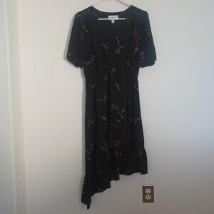 HIGHLINE COLLECTIVE FAUX WRAP DRESS BLACK FLORAL ASYMMETRICAL RUFFLE HEM SIZE M